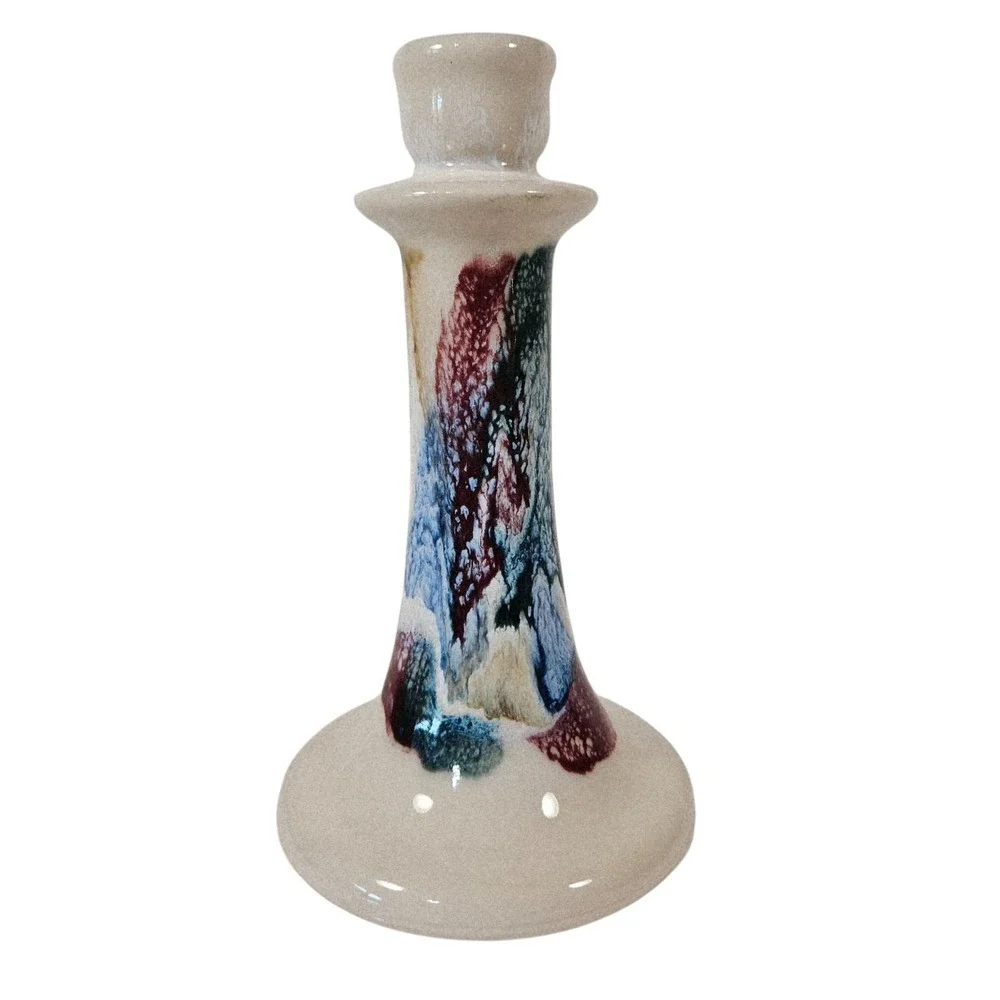Vtg‎ D.K. Clay Pottery Sanford NC Taper Candlestick Holder Blue Burgundy Glazed